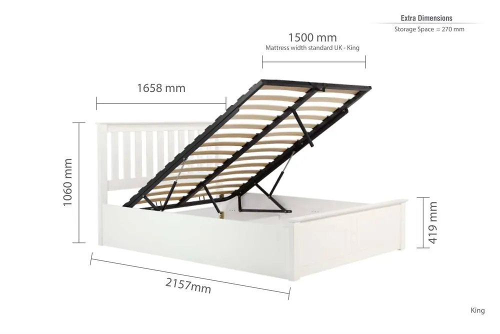 Birlea King Size Ottoman Bed White Aspen Wood Frame Storage 5FT Oak Solid 4