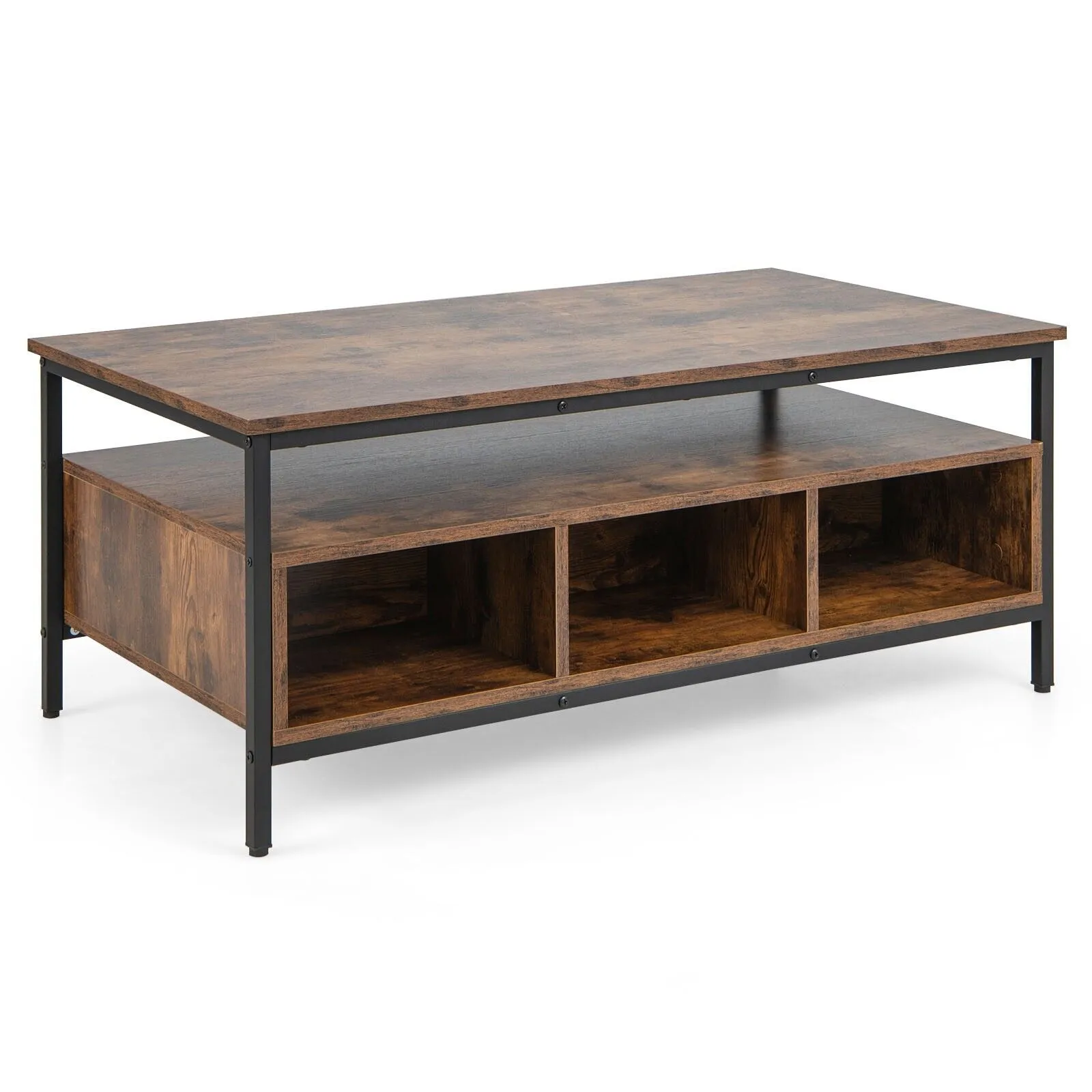 Costway Industrial Coffee Table Wooden Cocktail Center Table with Storage Shelf in Brown 4