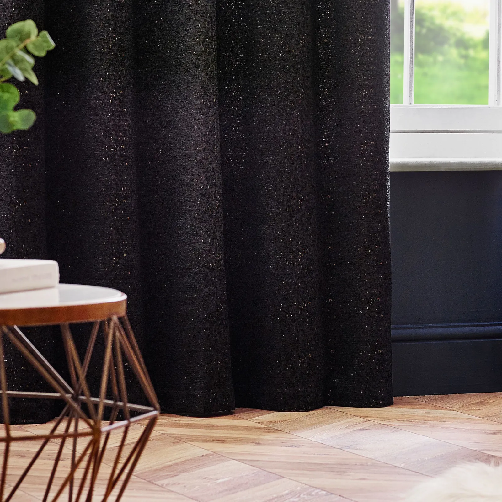 Paoletti Galaxy Velvet Chenille Eyelet Curtain Pair in Black 4