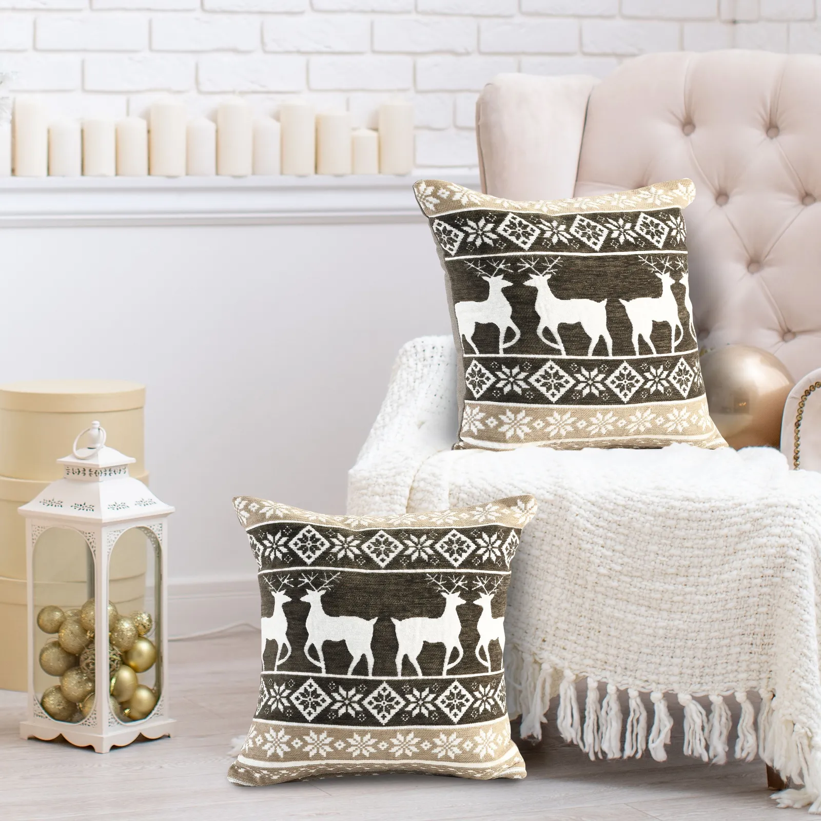 Velosso Christmas Chenille Stag Filled Christmas Cushion in Grey