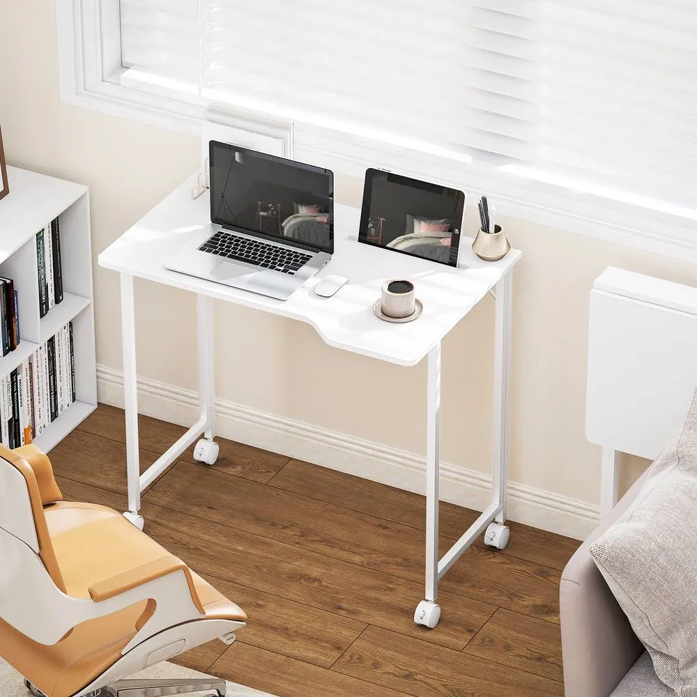 HOMCOM Small Writing Desk with Wheels, Folding Study Table in White