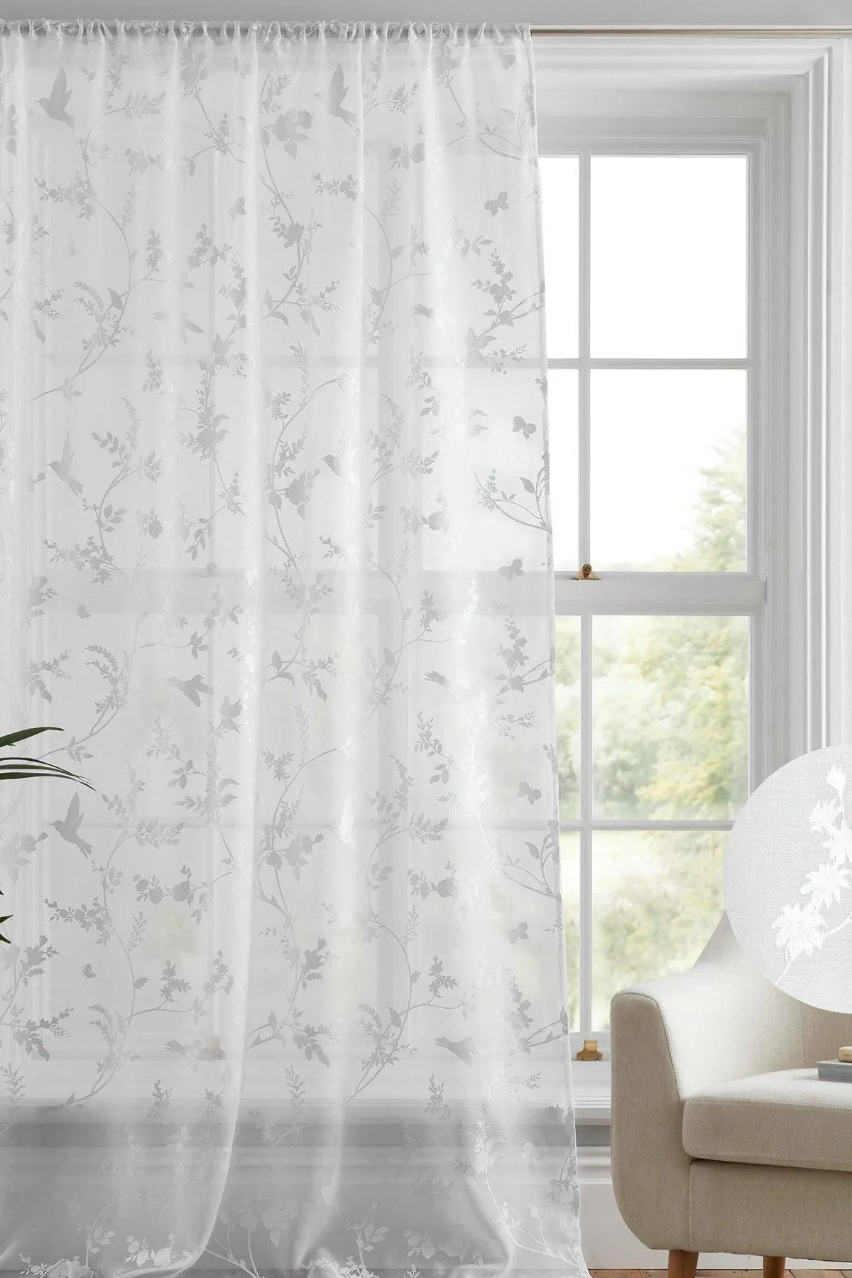 Dreams & Drapes 'Darnley' Floral & Bird Print Voile Panel in White 4