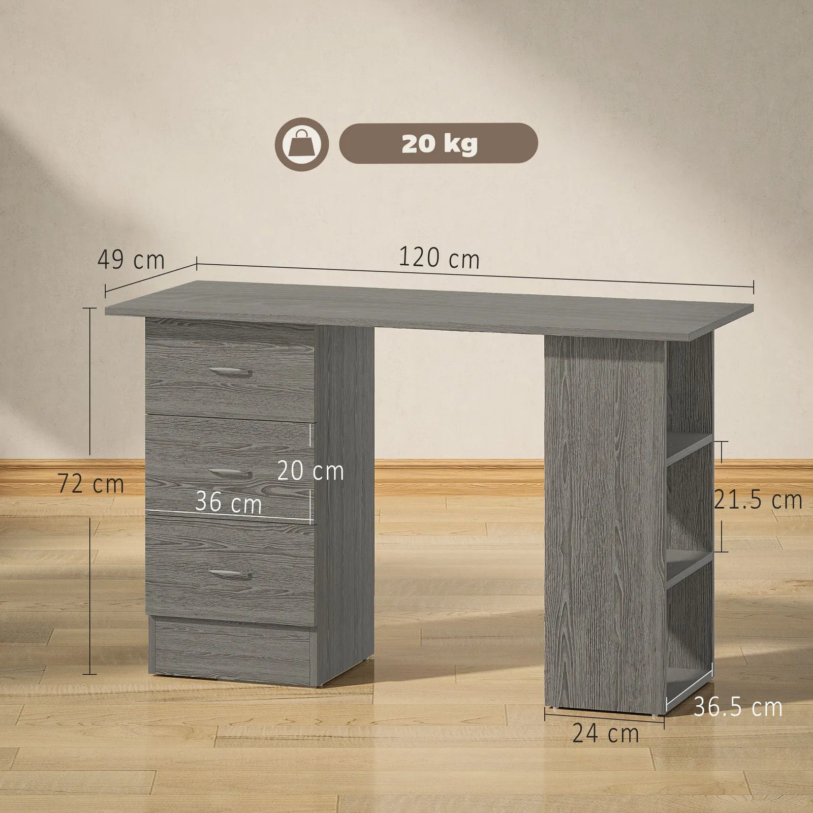 HOMCOM 120cm Computer Desk, Study Table with 3 Shelf & Drawers in Grey 3