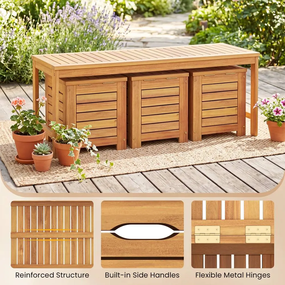 Costway 4PCS Outdoor Bench &Storage Box Set Acacia Wood Patio Bench&Deck Boxes in Natural 3