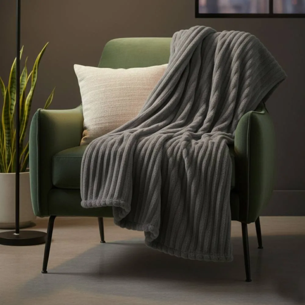 Snug City Chunky Ribbed Mink Throw Ultra Soft Warm Elegant Blanket for Sofa Bed in Grey