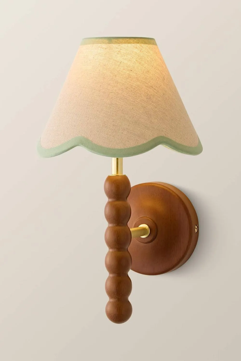 ValueLights Bobbins Walnut Bobble Wall Light & Linen Trim Lamp Shade & Bulb in Pale Green 3