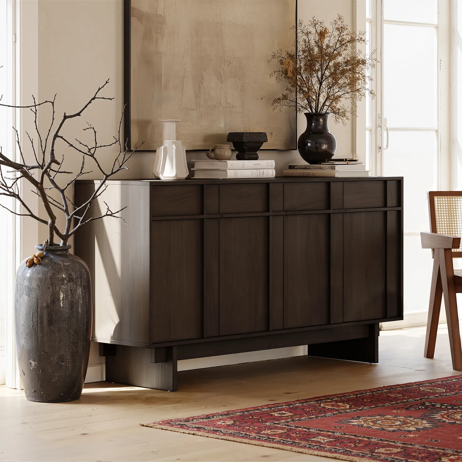 Panvyr Mid-Century 152cm Smoky Brown Wood Sideboard with Storage & Adjustable Shelves