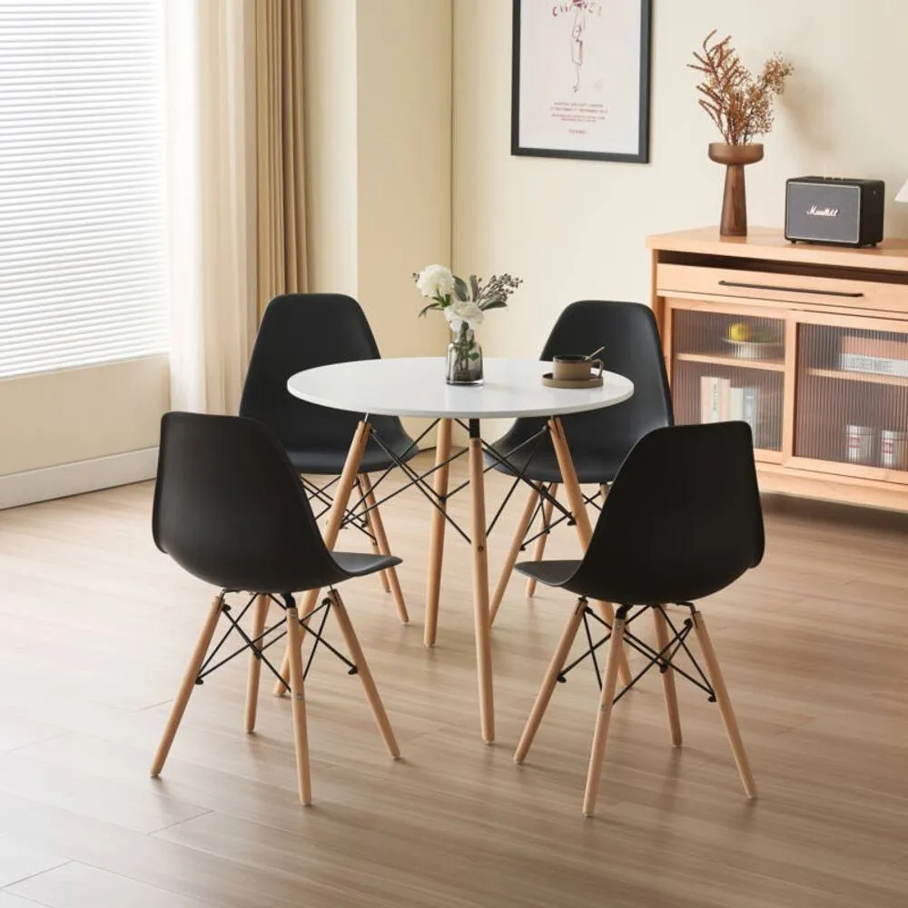 Comfy Living Ltd 5 Piece Dining Set With Round White Wooden Top & 4 Black Chairs With Metal Detailing