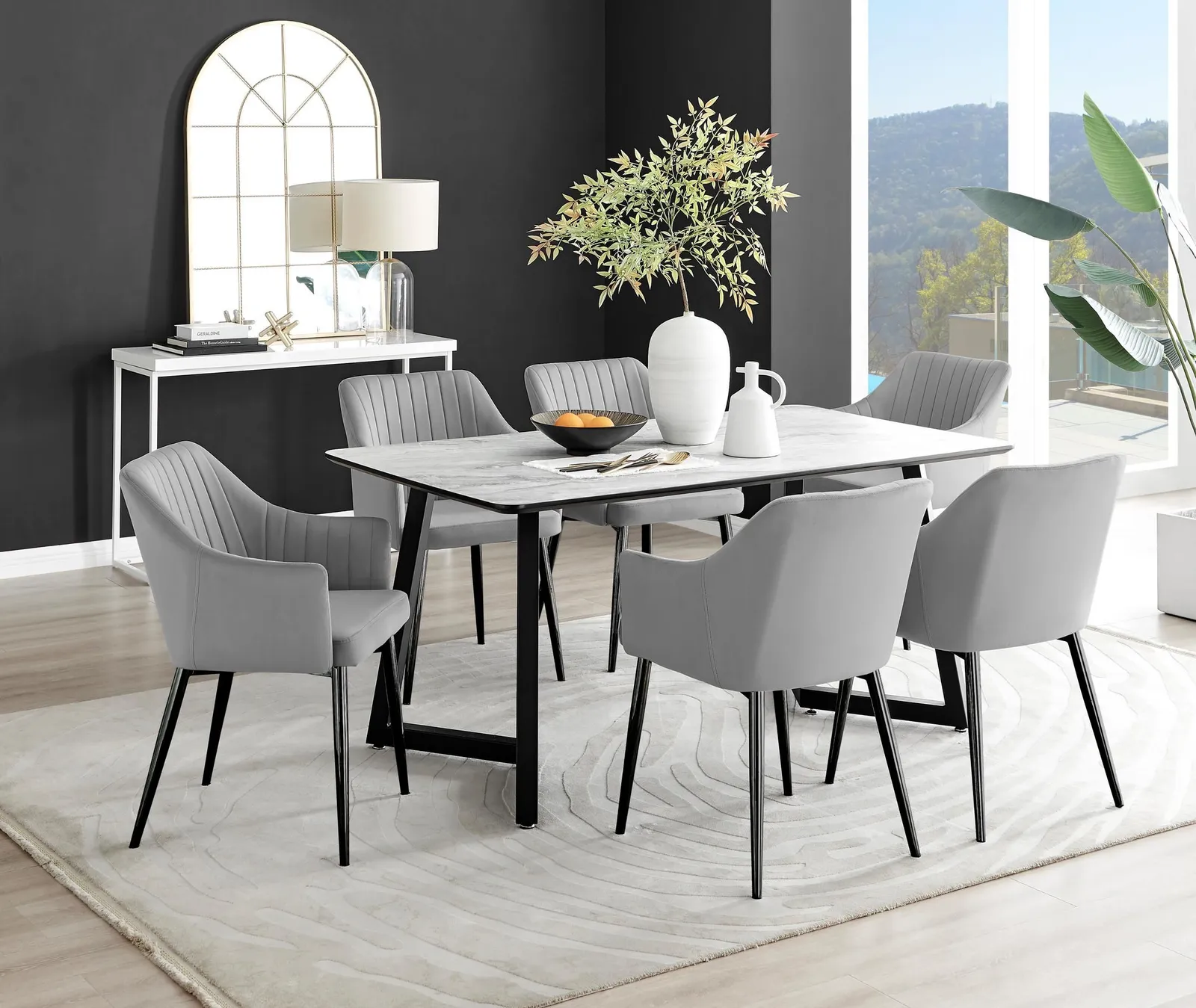 FurnitureboxUK Carson White Marble Effect Dining Table & 6 Calla Black Leg Chairs in Grey
