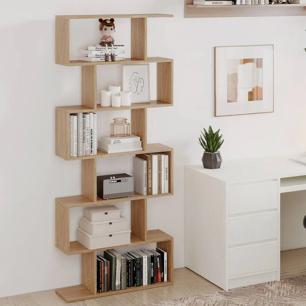 Costway 6-tier Bookcase S-Shaped Bookshelf Wooden Storage Display Rack in Natural 4