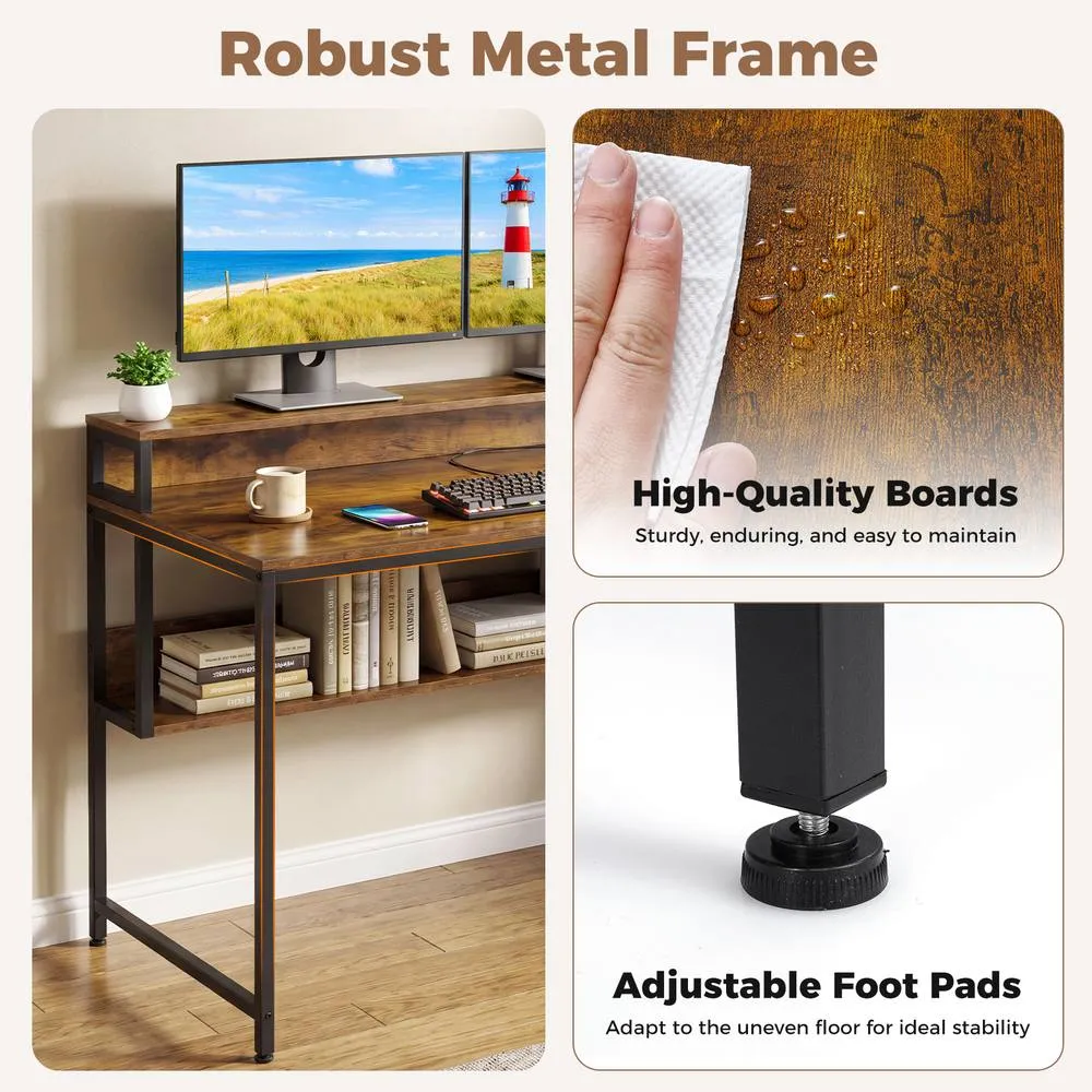 Costway 120 CM Office Desk with Monitor Stand Computer Desk with Storage Shelf in Brown 6