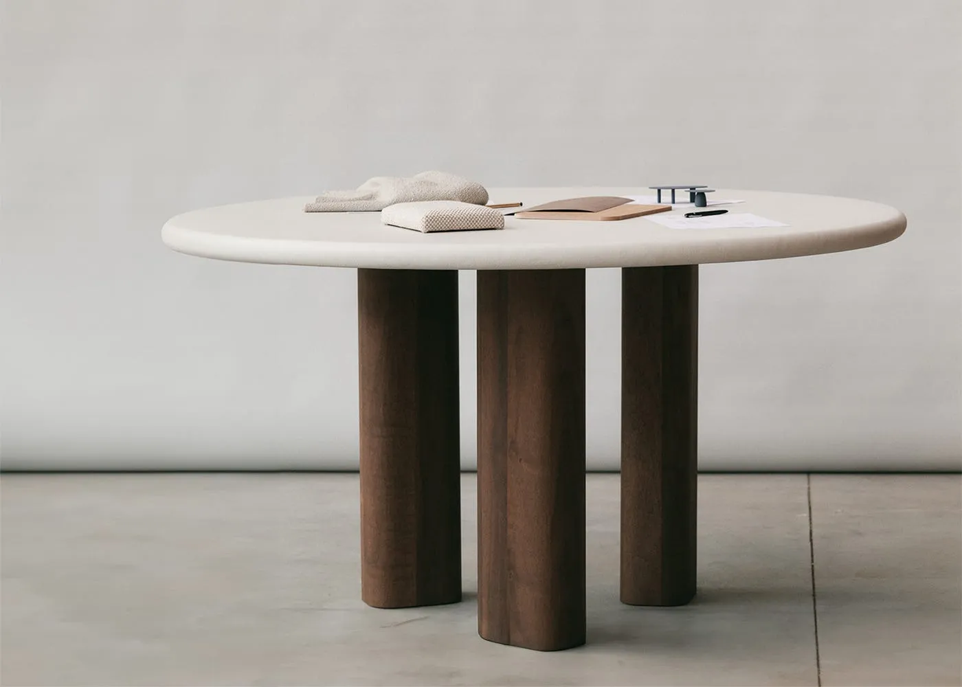 Paul Rogers Pillar Round Dining Table Smoked Walnut Stone Mortex 140cm 3