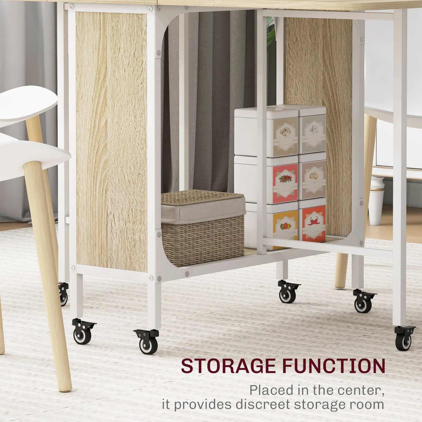 HOMCOM Mobile Drop Leaf Dining Table on Wheels with Storage Shelf in Yellow 5