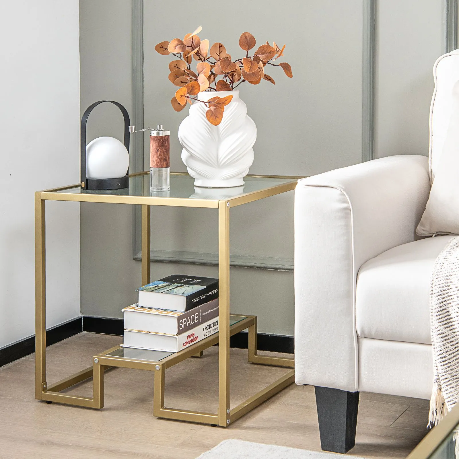 Costway 2-Tier Square Side Table Sofa End Snack Table Nightstand Tempered Glass Tabletop in Gold 5