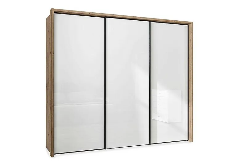 Dallas 260cm 3 Door Sliding Glass Wardrobe - Bianco Oak and White