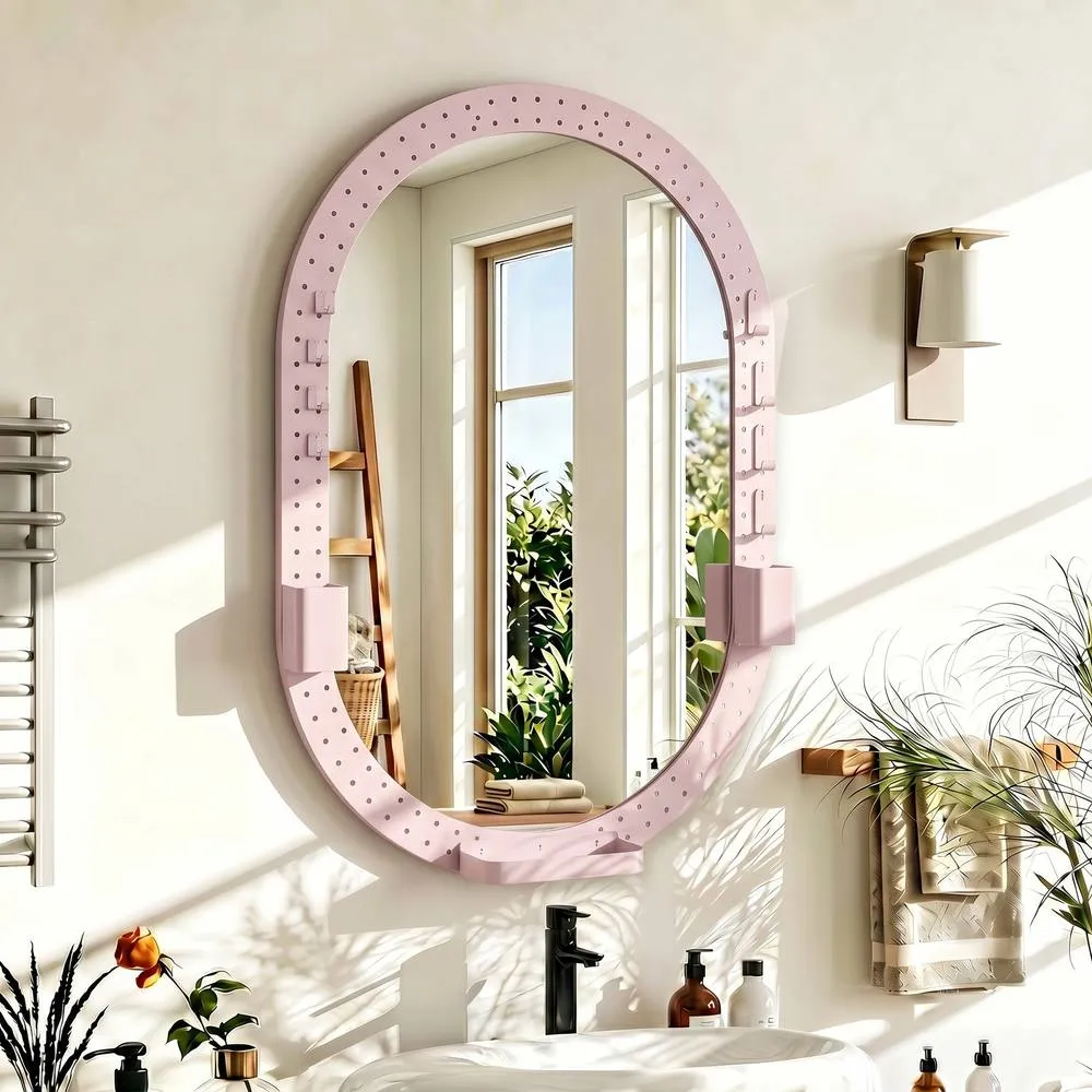 HOMCOM Oval Wall Mirror, 60 x 90 cm, Pegboard Frame, Wall-Mounted in Pink 2