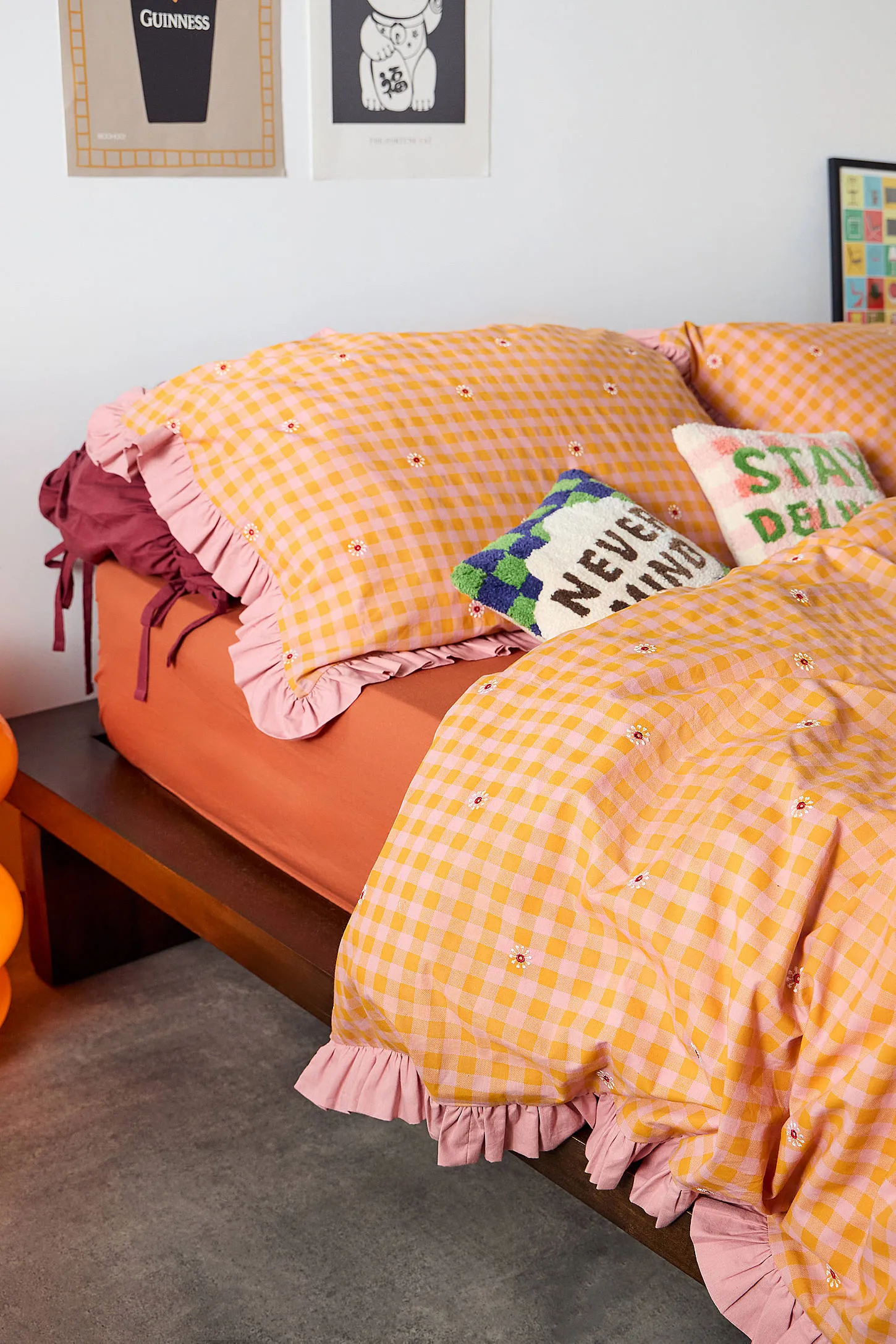 Gingham Embroidered Duvet Set - Orange 3