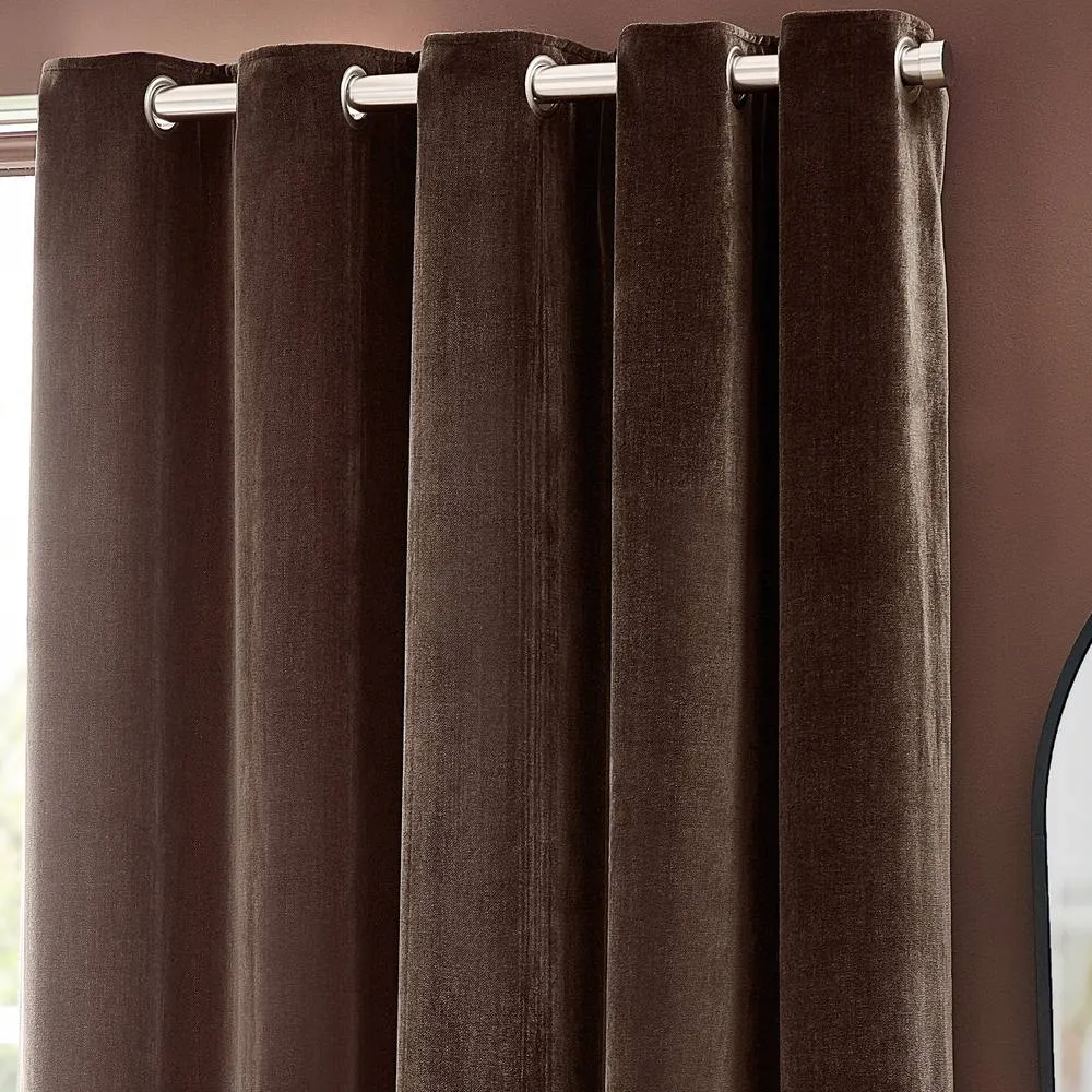 Yard Heavy Chenille Velvet Room Darkening Eyelet Curtain Pair in Brown 3