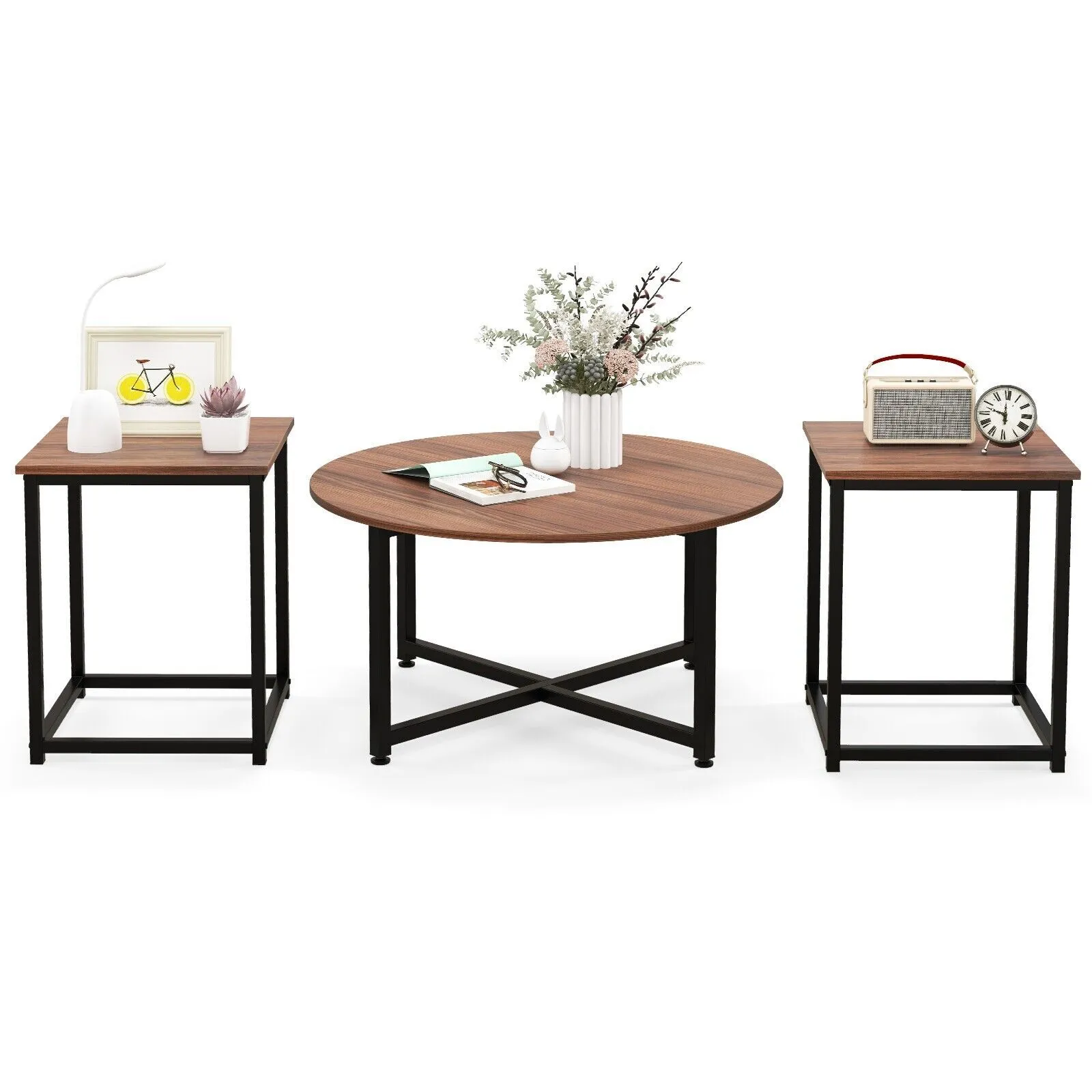 Costway Set of 3 Modern Coffee Table Set Round Coffee Table & 2PCS Square End Tables in Brown 6