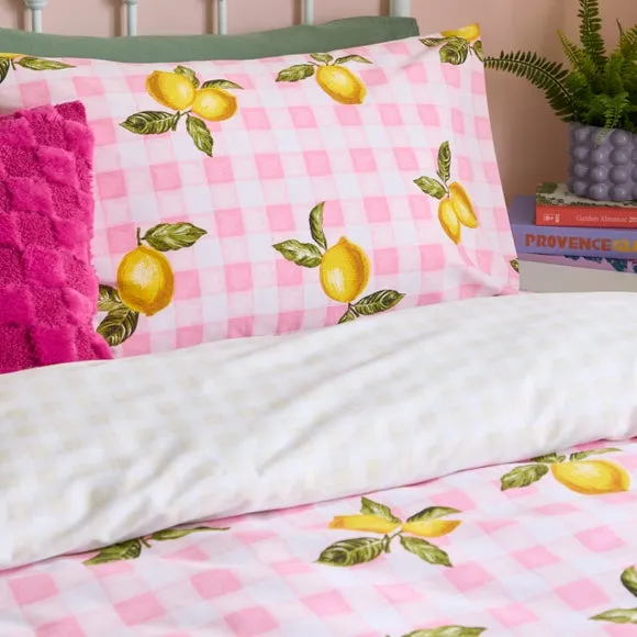 Heya Home Gingham Lemons Polycotton Duvet Cover & Pillowcase Set 2