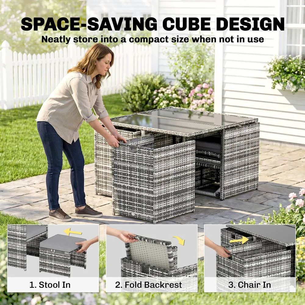 OUTSUNNY 8 Seater Cube Rattan Garden Furniture Dining Set with Cushions in Grey 4