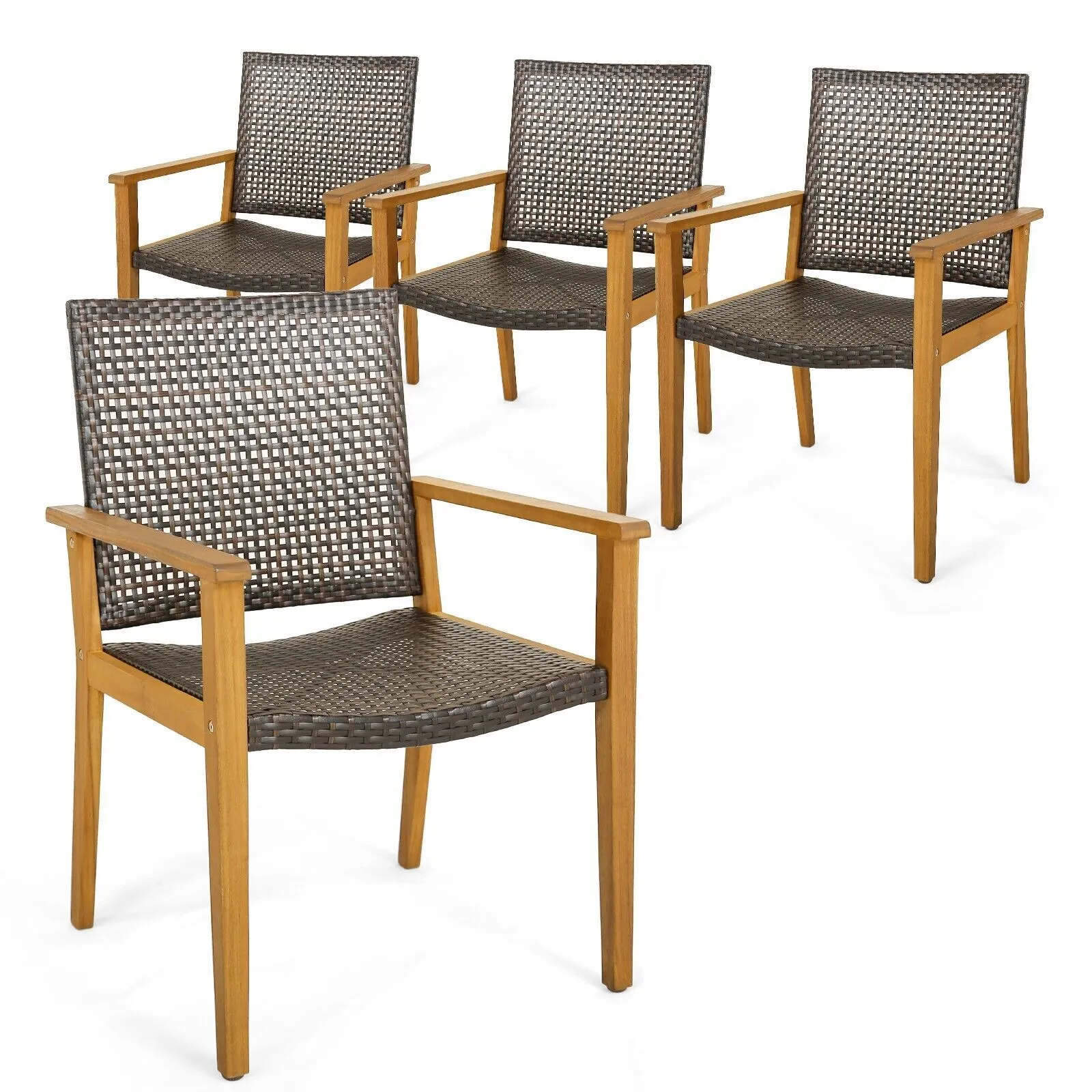 Costway Patio Dining Chairs Set of 4 Outdoor Acacia Wood & PE Wicker Chairs with Armrests in Brown