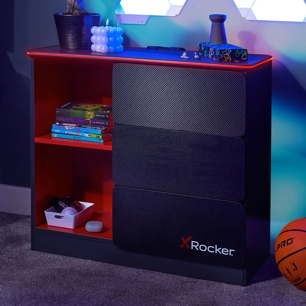X Rocker Carbon-Tek Chest of 3 Drawers with 2 Shelves & LED Lighting in Grey 1
