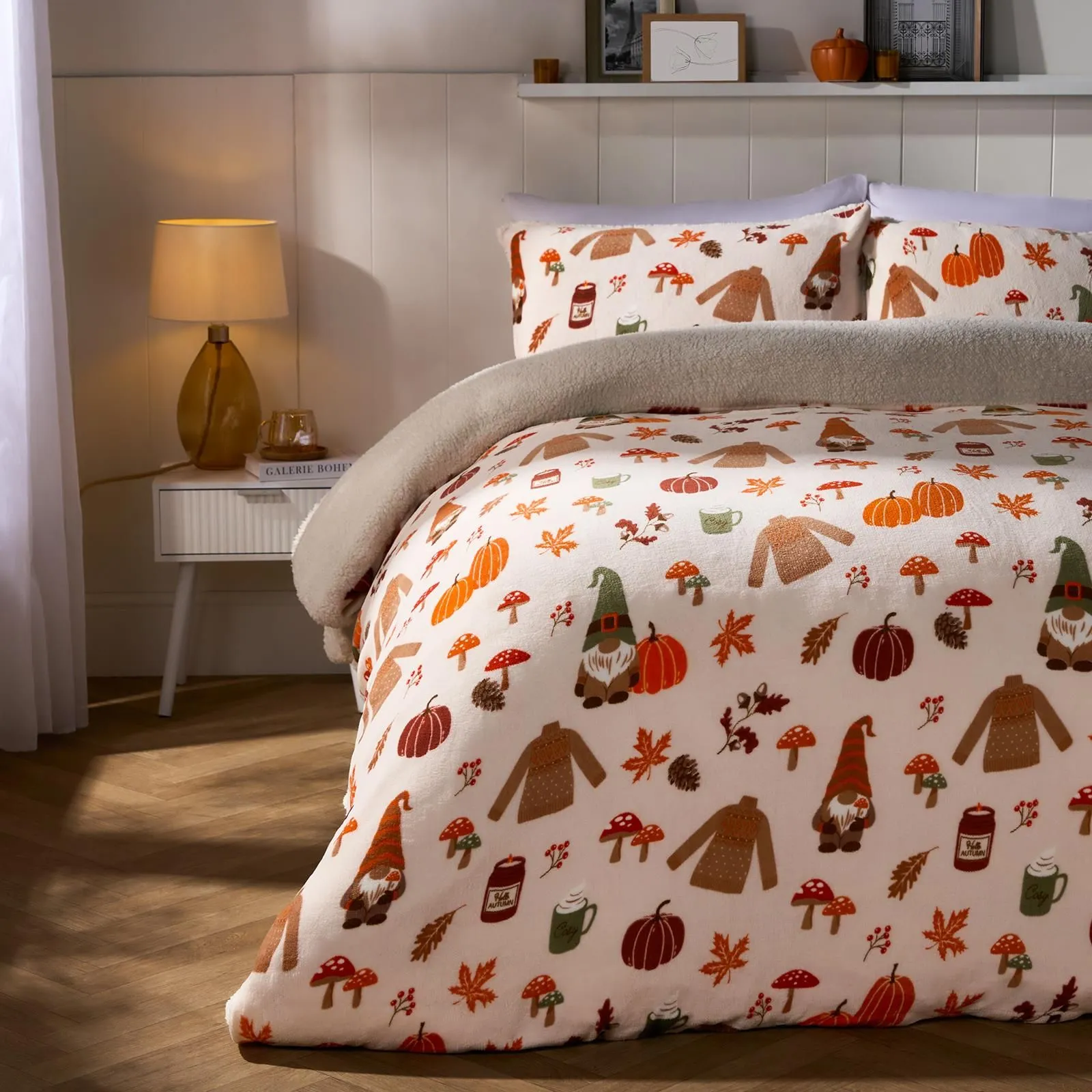 OHS Autumn Xmas Gonk Sherpa Fleece Warm Duvet Cover Bedding Set in Natural