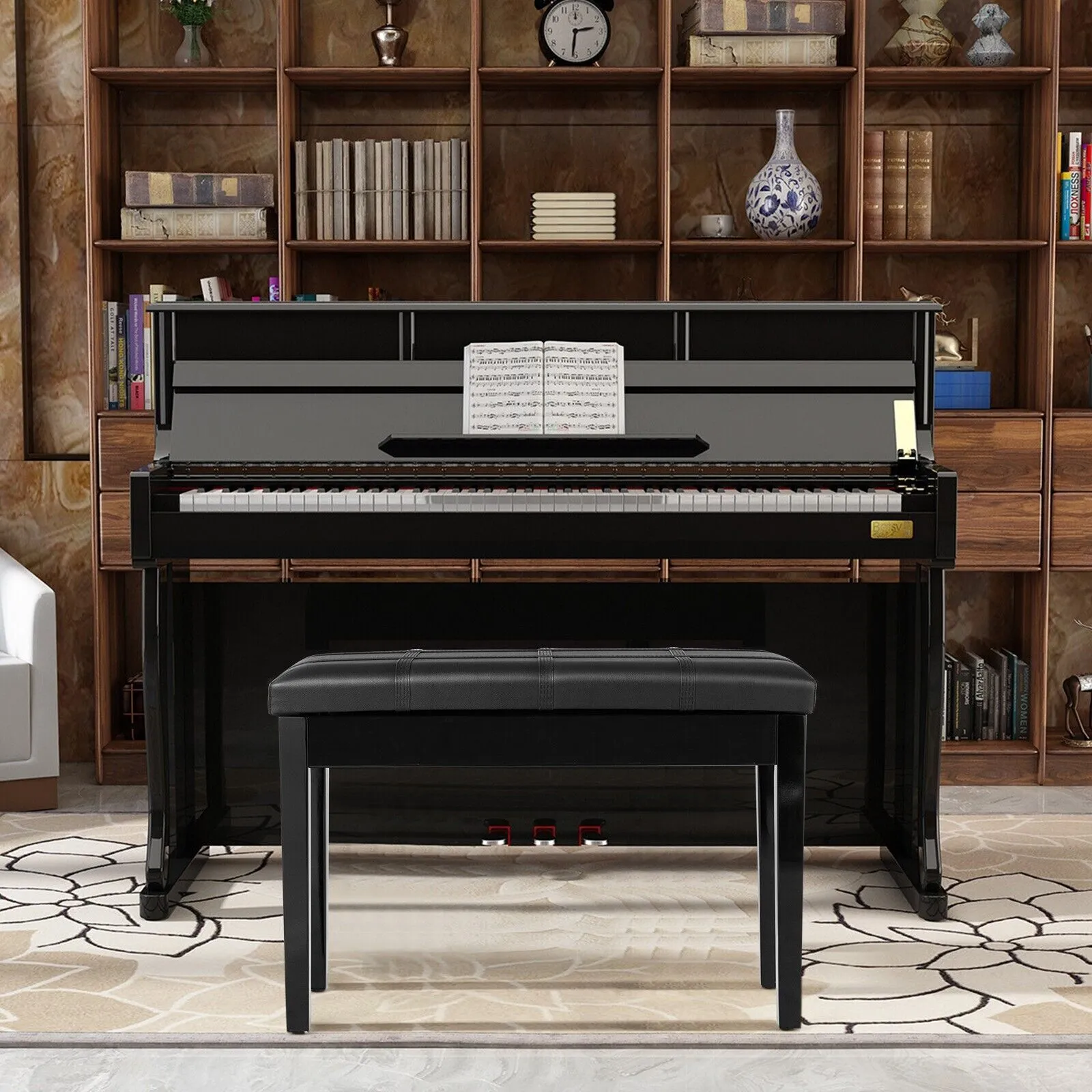 Costway Keyboard Seat Piano Bench Double Duet Seat W/Padded Cushion in Black 6