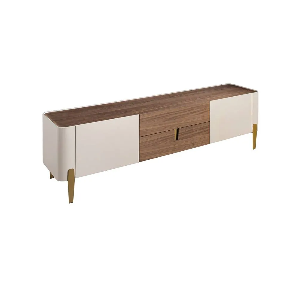 Angel Cerda TV Stand, Walnut Top, Beige Lacquer, Gold Steel Legs, 200 cm