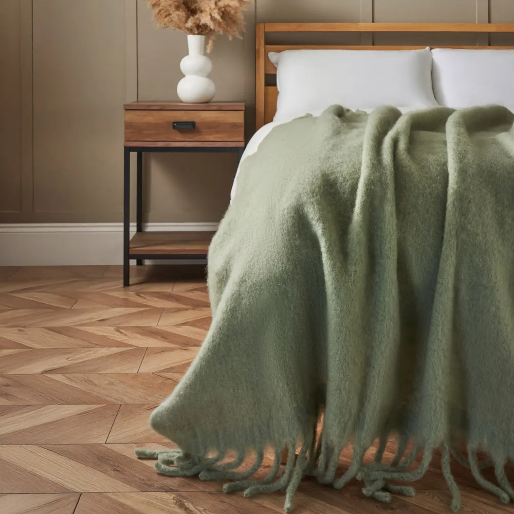 Mohair Tassel Throw, Sage Green