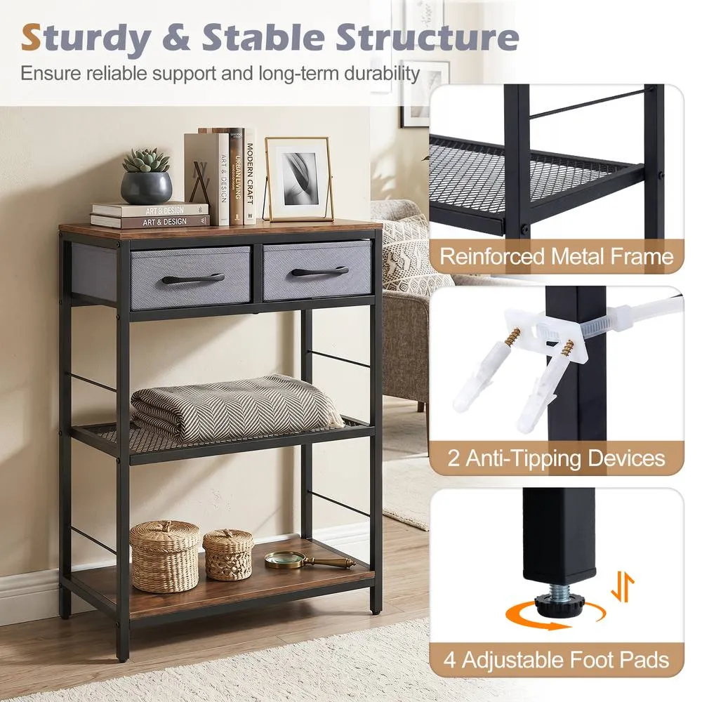 Costway Narrow Console Table w/ 2 Fabric Drawers 3-Tier Table Storage Rack in Brown 5