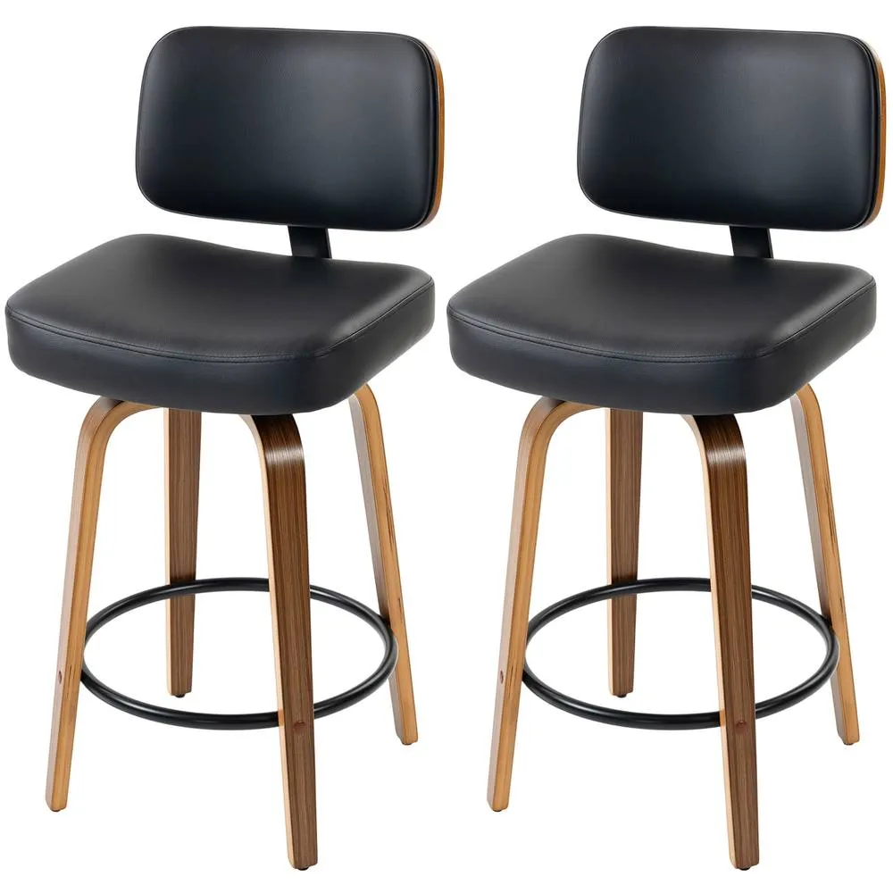 HOMCOM Bar Stools Set of 2, 360° Swivel Padded Seat, Curved Wood Legs, Black
