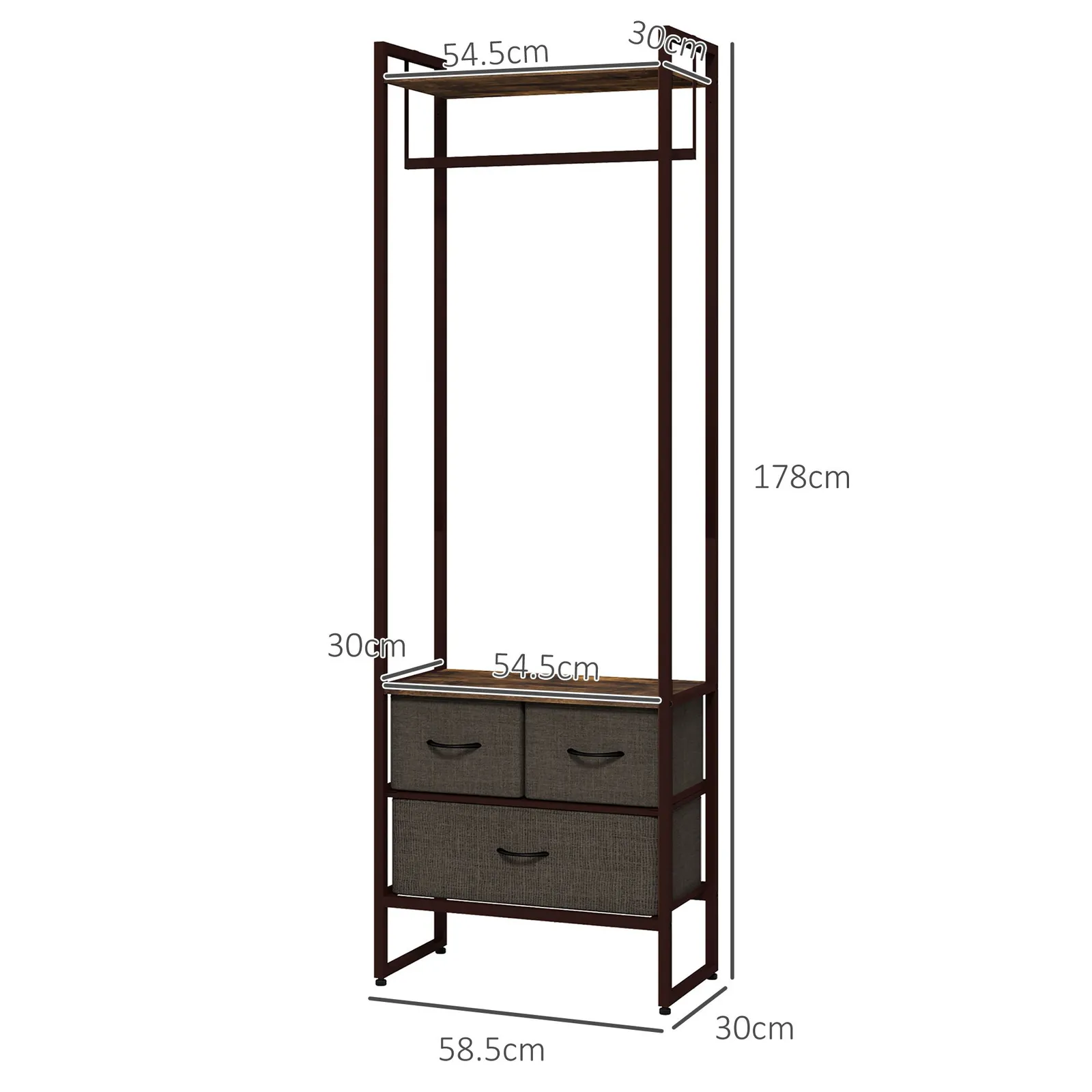 HOMCOM Free Standing Clothes Rail Garment Rack with 3 Fabric Drawers in Brown 3