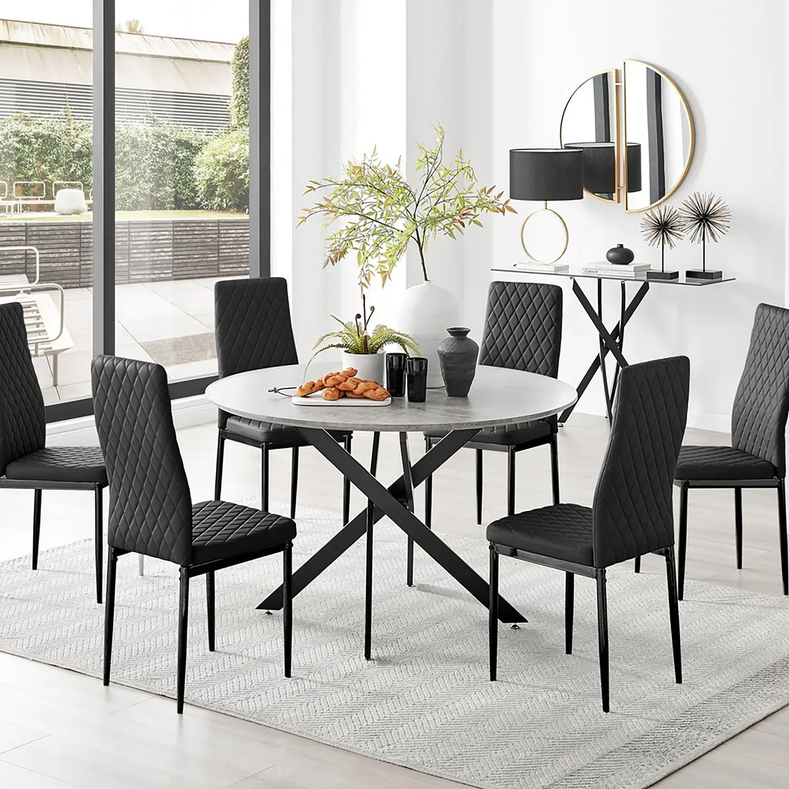FurnitureboxUK Novara Grey Concrete Effect Black Leg 120cm Round Dining Table & 6 Milan Black Leg Chairs 1