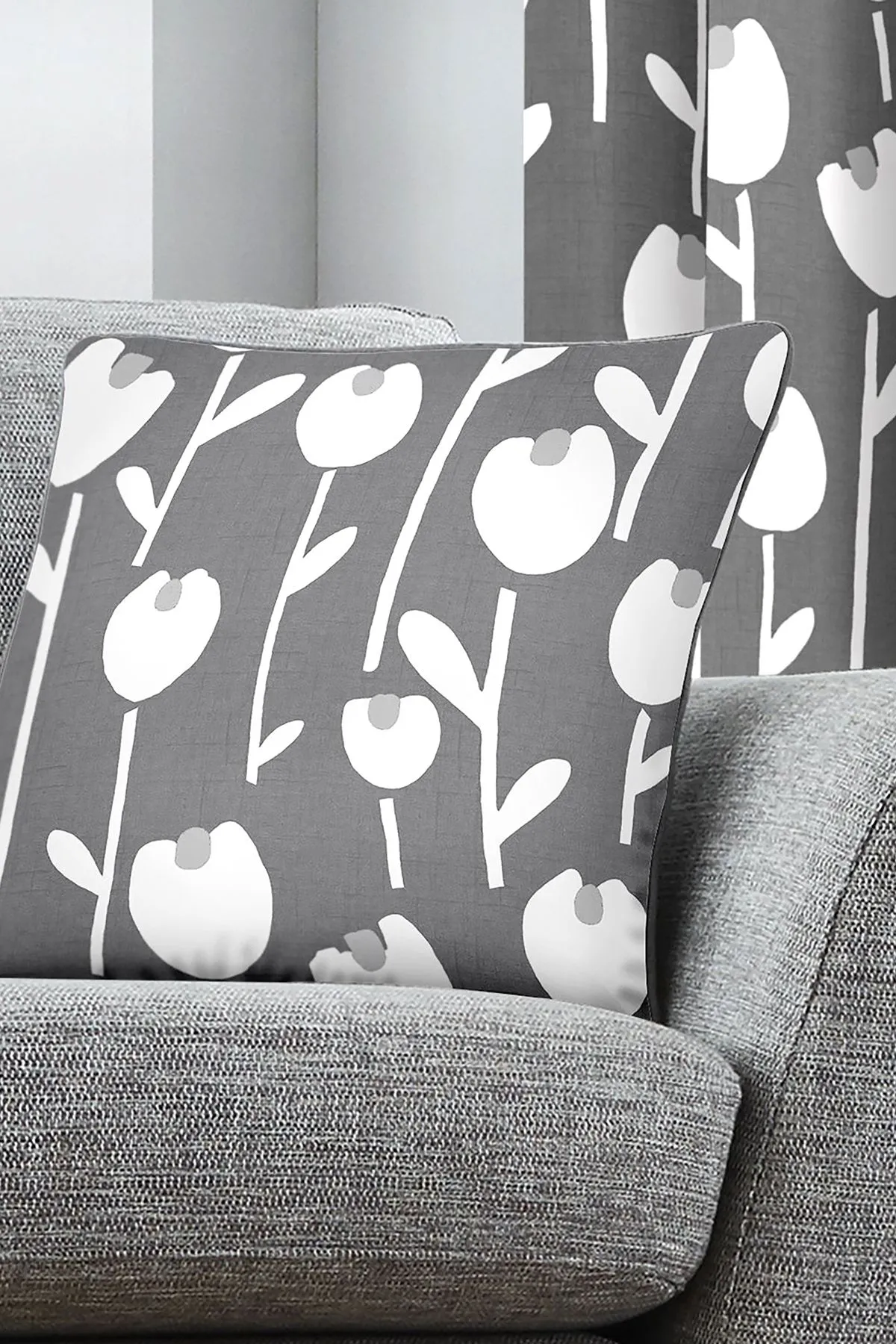 Fusion 'Alabar' 100% Cotton floral Silhouette Print Filled Cushion in Grey 4