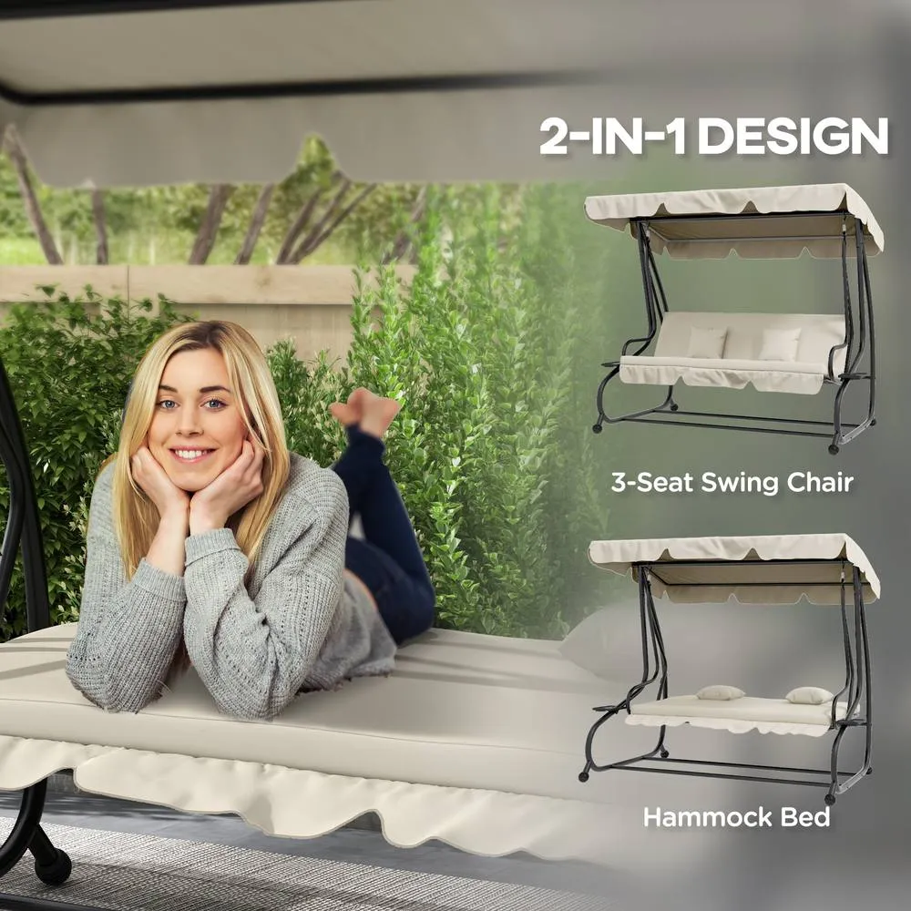 OUTSUNNY 2-in-1 Garden Swing Chair for 3 Person w/ 2 Pillows, Cream in White 4