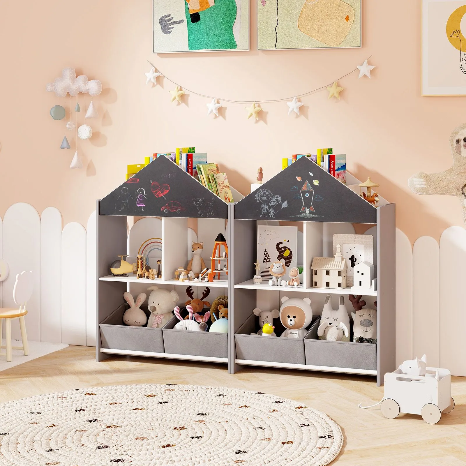 Costway Dollhouse Bookshelf Wooden Toy Storage Organizer with Writable Chalkboard in Grey 4