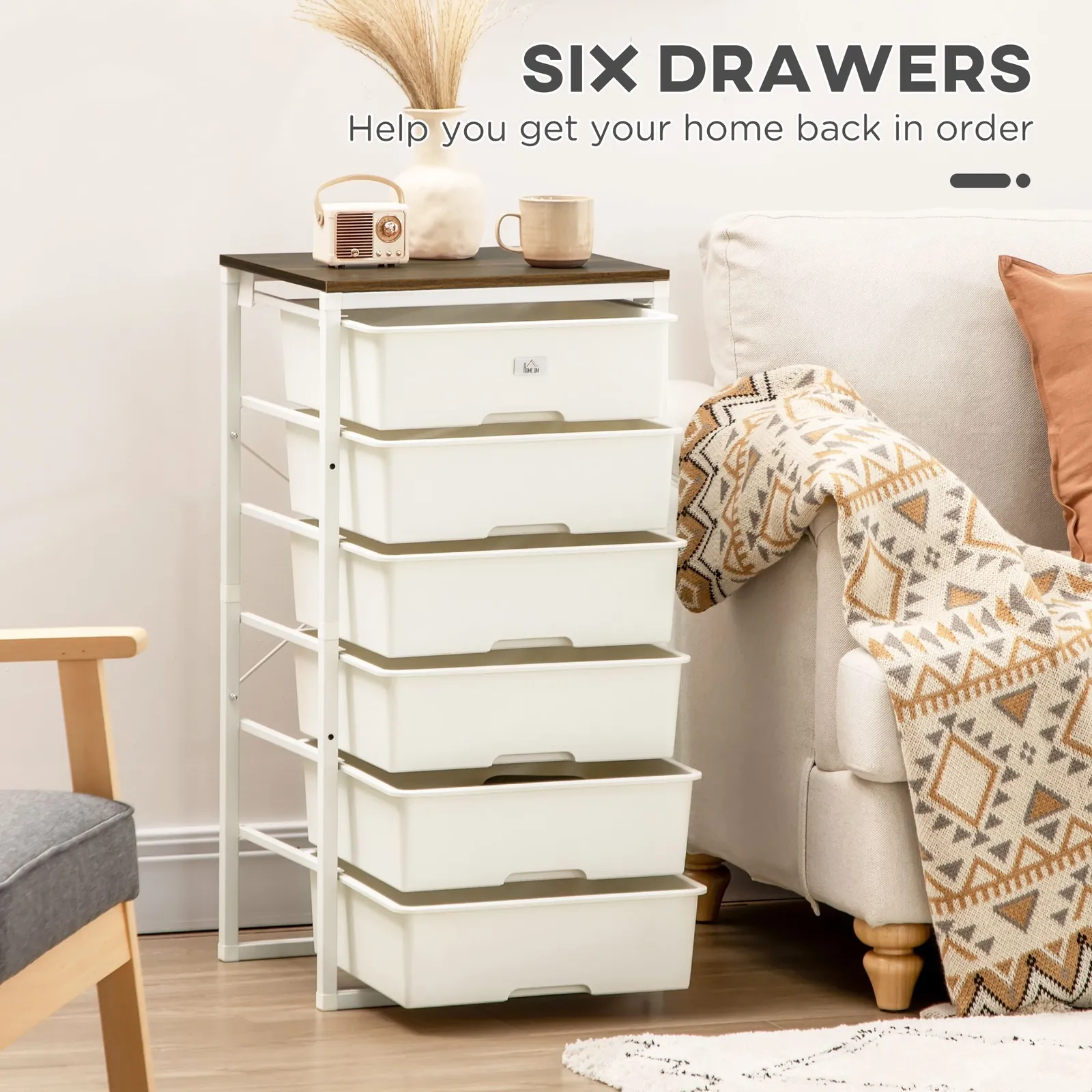 HOMCOM Chest of Drawers 6 Drawer Dresser Storage Cabinet Bedroom Living Room in White 6