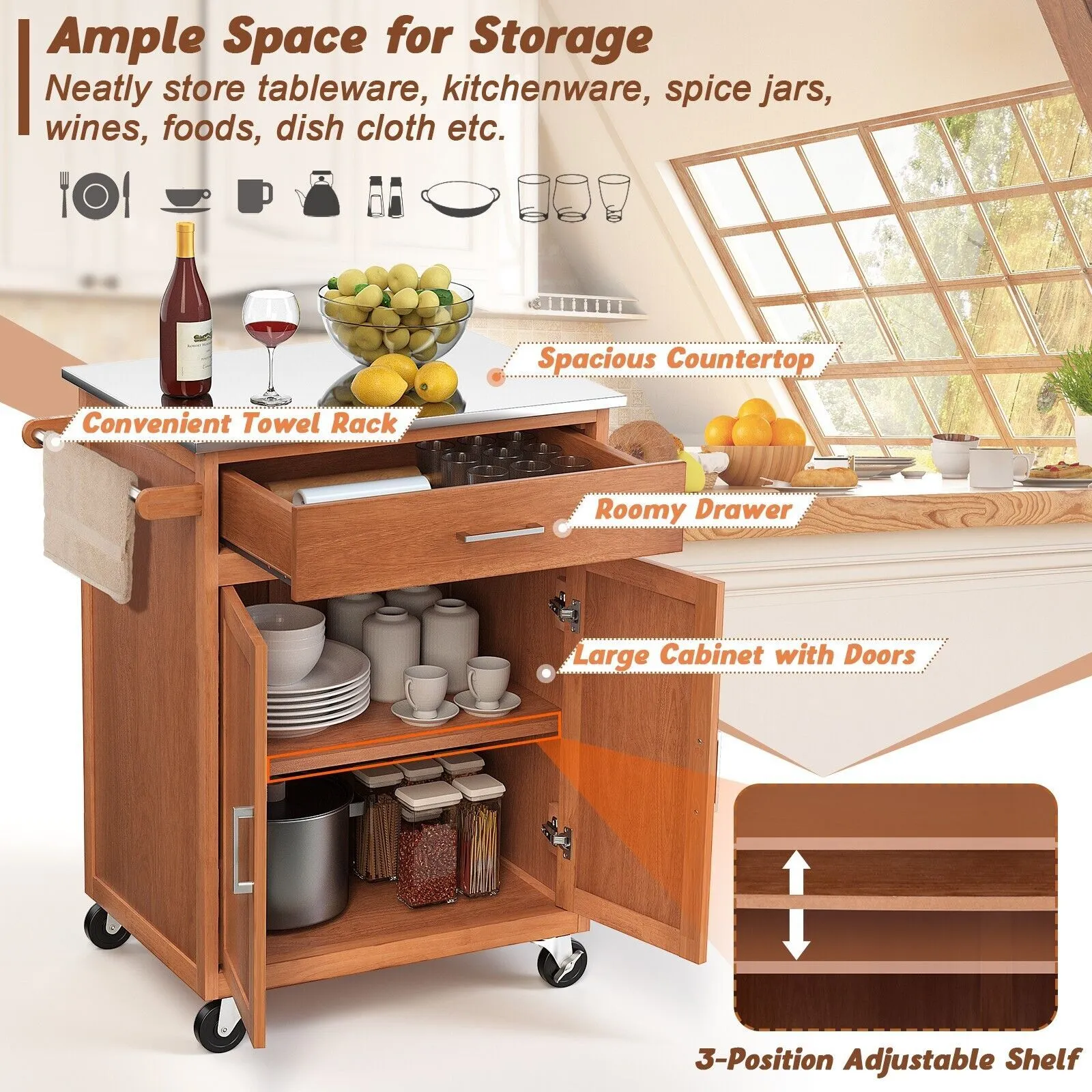 Costway Kitchen Island Rolling Storage Cabinet Trolley Cart Stainless Steel Countertop in Light Oak 5