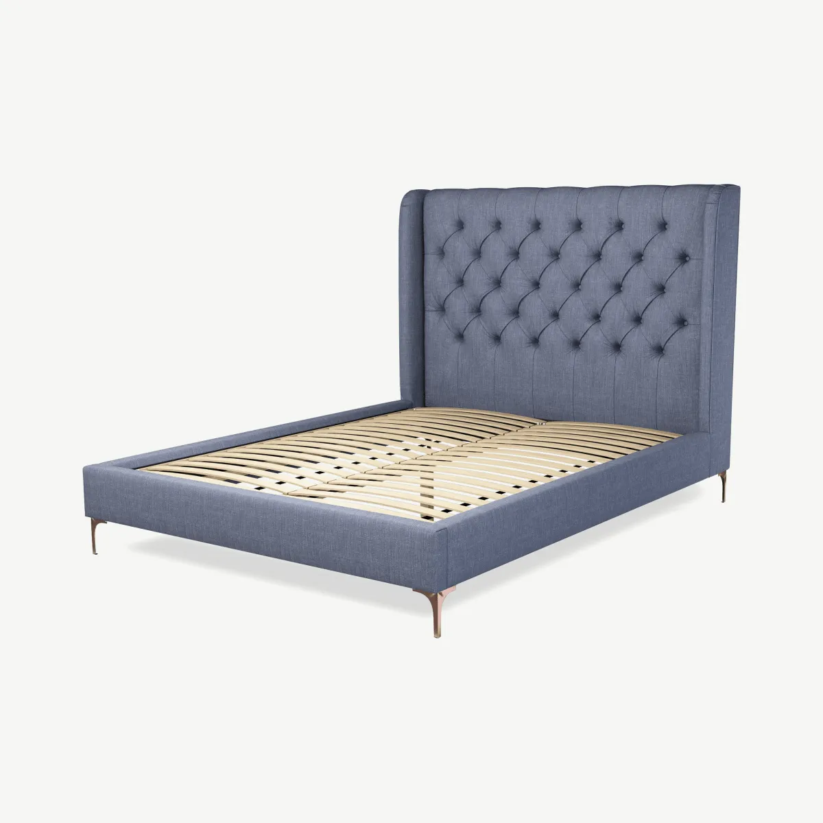 Romare King Size Bed, Denim Cotton with Copper Legs