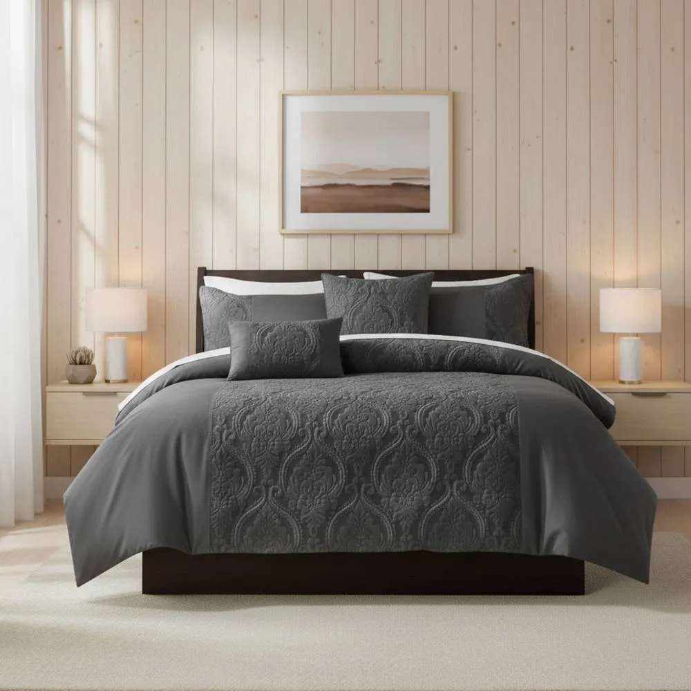 Snug City Damask Velvet Border Duvet Cover Elegant Soft Touch Luxury Bedding in Grey