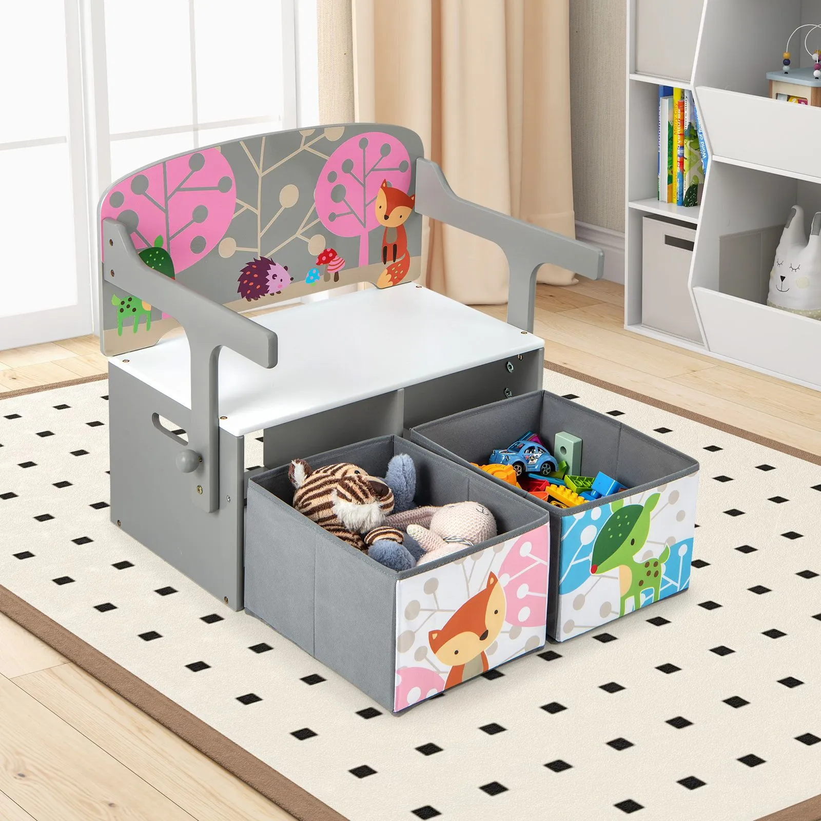 Costway 3-in-1 Convertible Activity Bench Table Chair Set Toy Storage in Grey 3