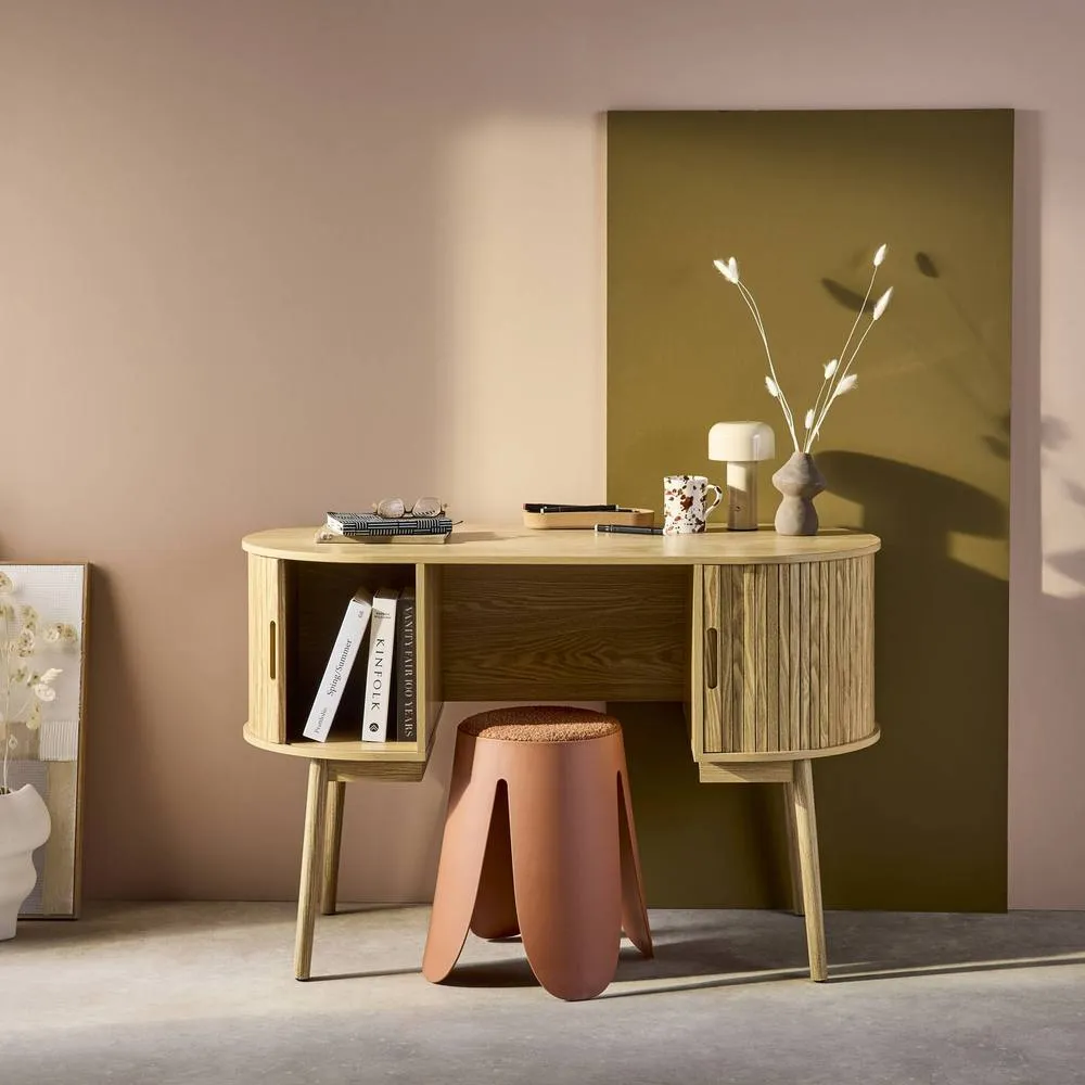 sweeek 120cm grooved wooden-effect oval desk with two storage spaces in Beige 5