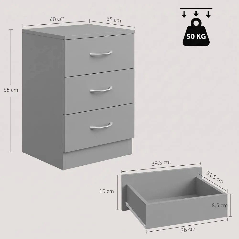 HOMCOM Modern 3 Drawers Side Table, Bedside Table with Non Slip feet, Grey 3