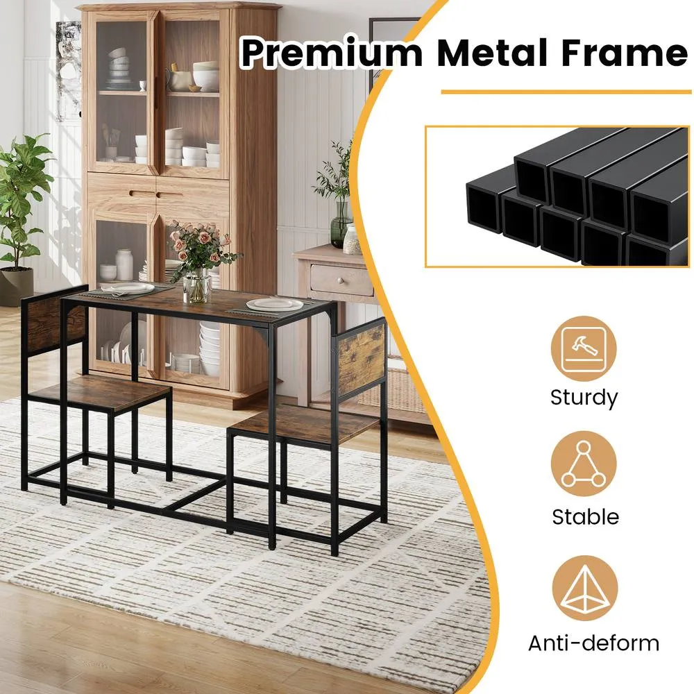 Costway 3 PCS Industrial Dining Table Set Rectangular Kitchen Table & 2 Chairs in Brown 5
