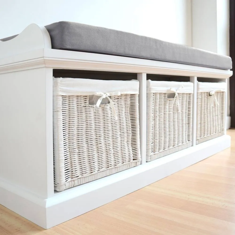 Statement Furniture Tetbury Bench with 3 White Wicker Baskets & Grey Cushion