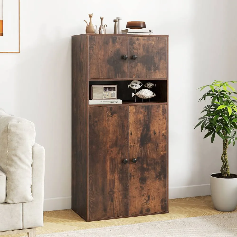 Costway 4-Tier Bookcase w/ Door Wooden Storage Organizer w/ Adjustable Shelf in Brown 4