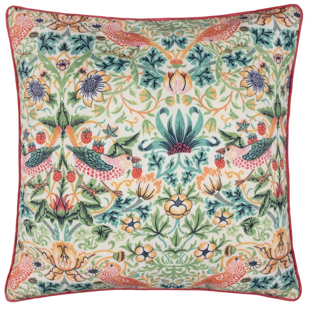 Morris & Co Strawberry Thief Piped Outdoor Cushion in Coral 2
