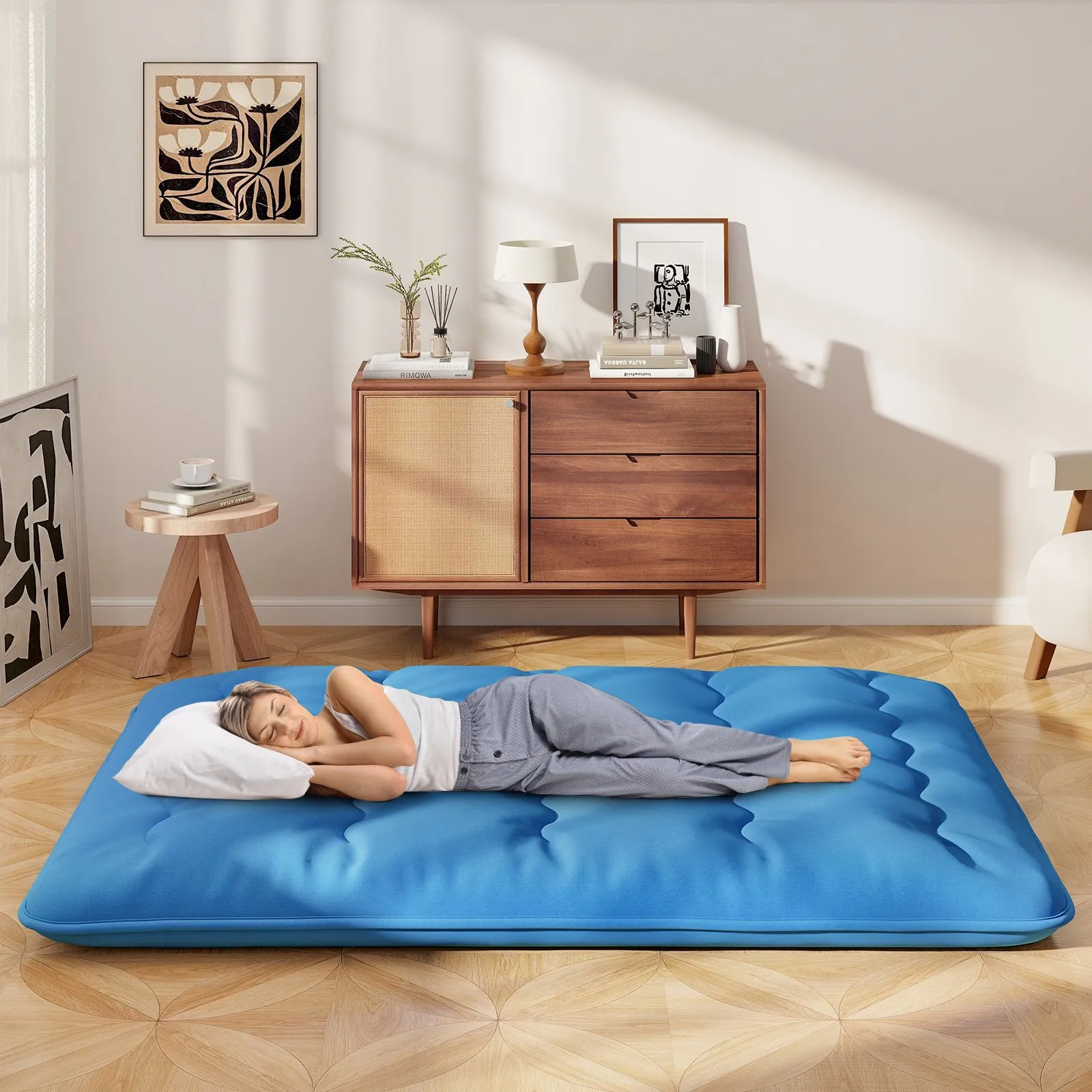Costway Foldable Tatami Mat Floor Futon Mattress Roll up Sleeping Pad with Washable Cover, Small Double/Double/King Size in Navy 3